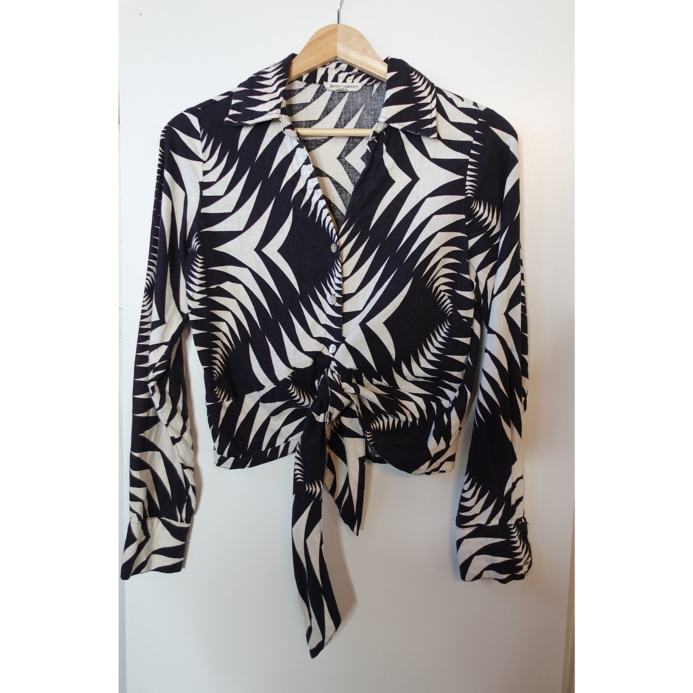 Christian Sirianoβ Linen Shirt Womens S Black White Geometric Tie Front Resort